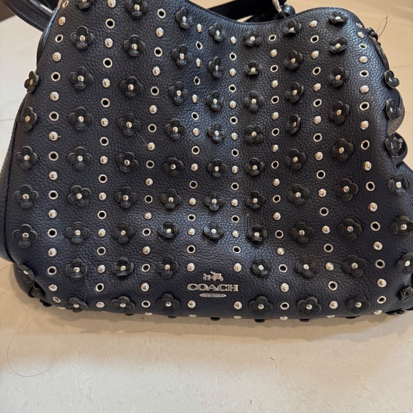 Navy Blue Coach Shoulder Bag With Silver Floral Rivets - Picture 7 of 8